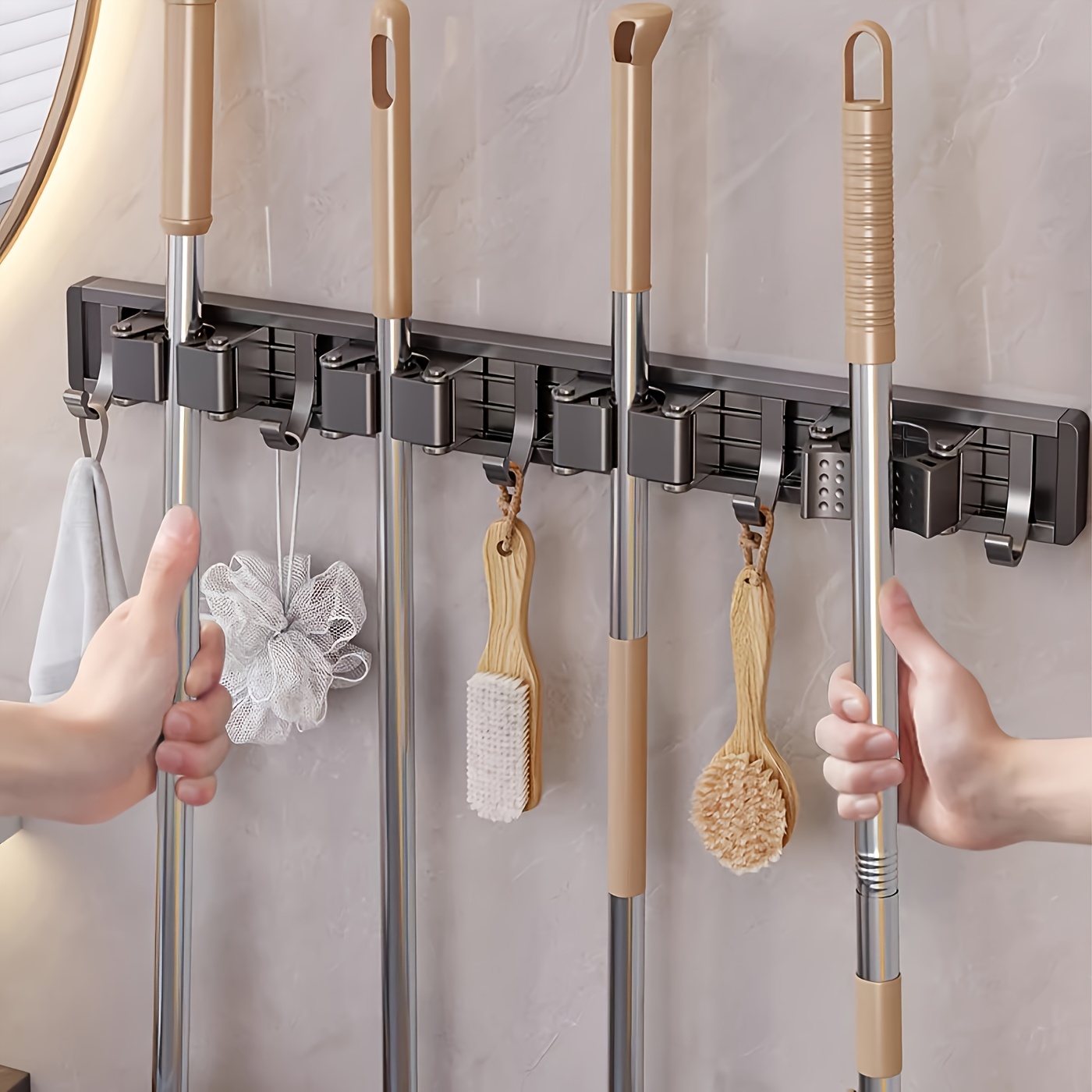 Wall-Mounted Mop and Broom Holder with Hooks