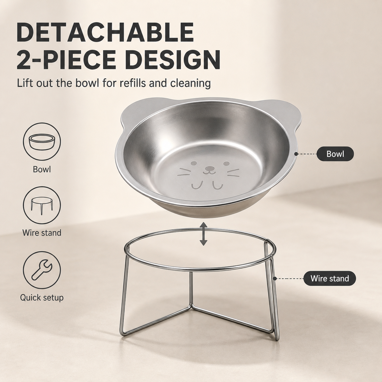 Elevated Stainless Steel Pet Bowl with Cat-Ear Stand — thumbnail 4