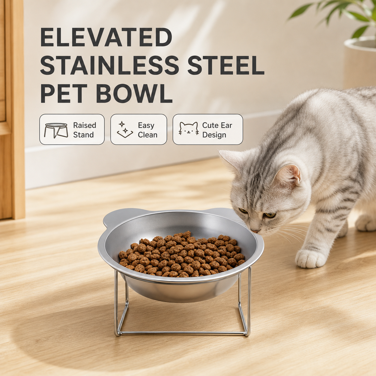 Elevated Stainless Steel Pet Bowl with Cat-Ear Stand — thumbnail 5