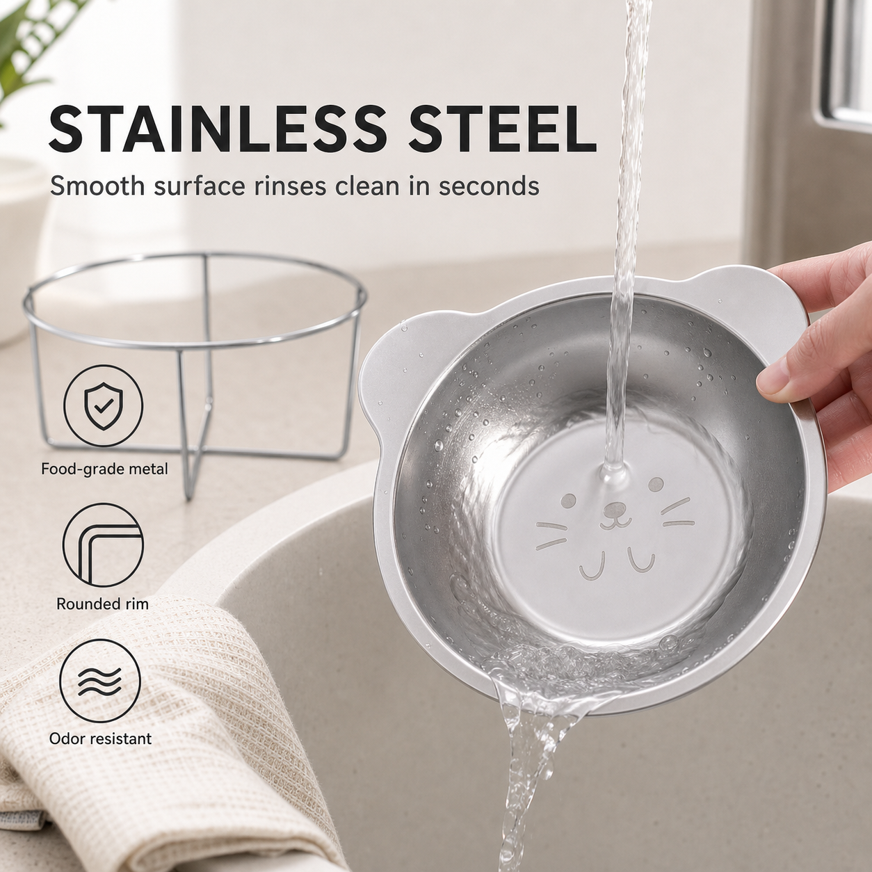 Elevated Stainless Steel Pet Bowl with Cat-Ear Stand — thumbnail 2