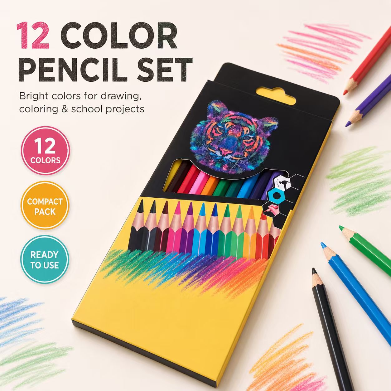 12-Color Pencil Set in Tiger-Print Box