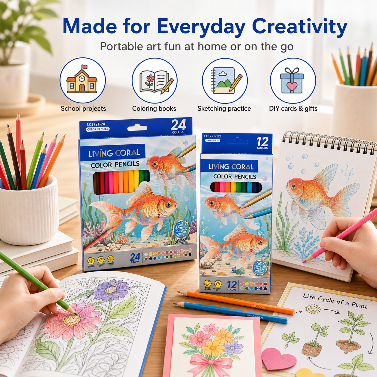 Wooden Colored Pencil Set in Fish-Print Box